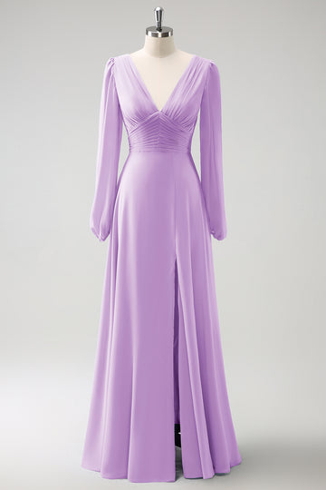 A Line Lilac V-Nack Chiffon Bridesmaid Dress with Long Sleeves